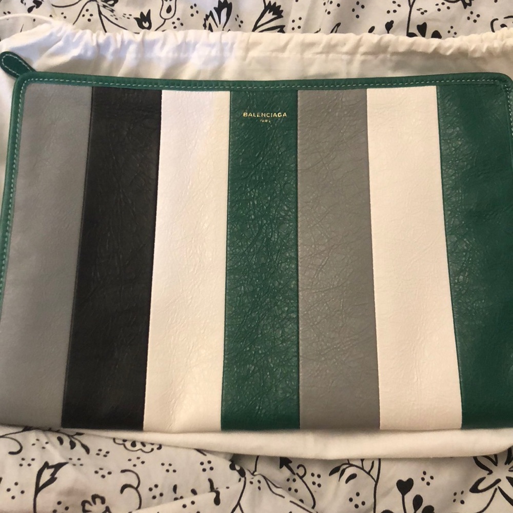 Balenciaga green leather striped clutch